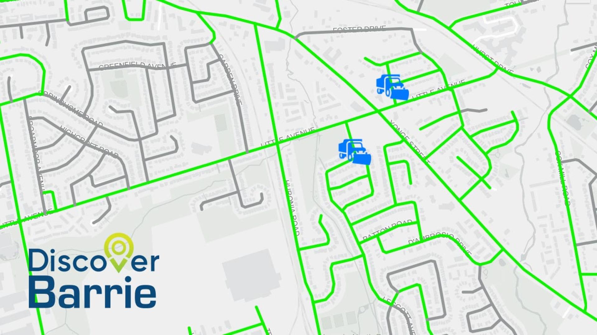 Discover Barrie logo over Plow Tracker map