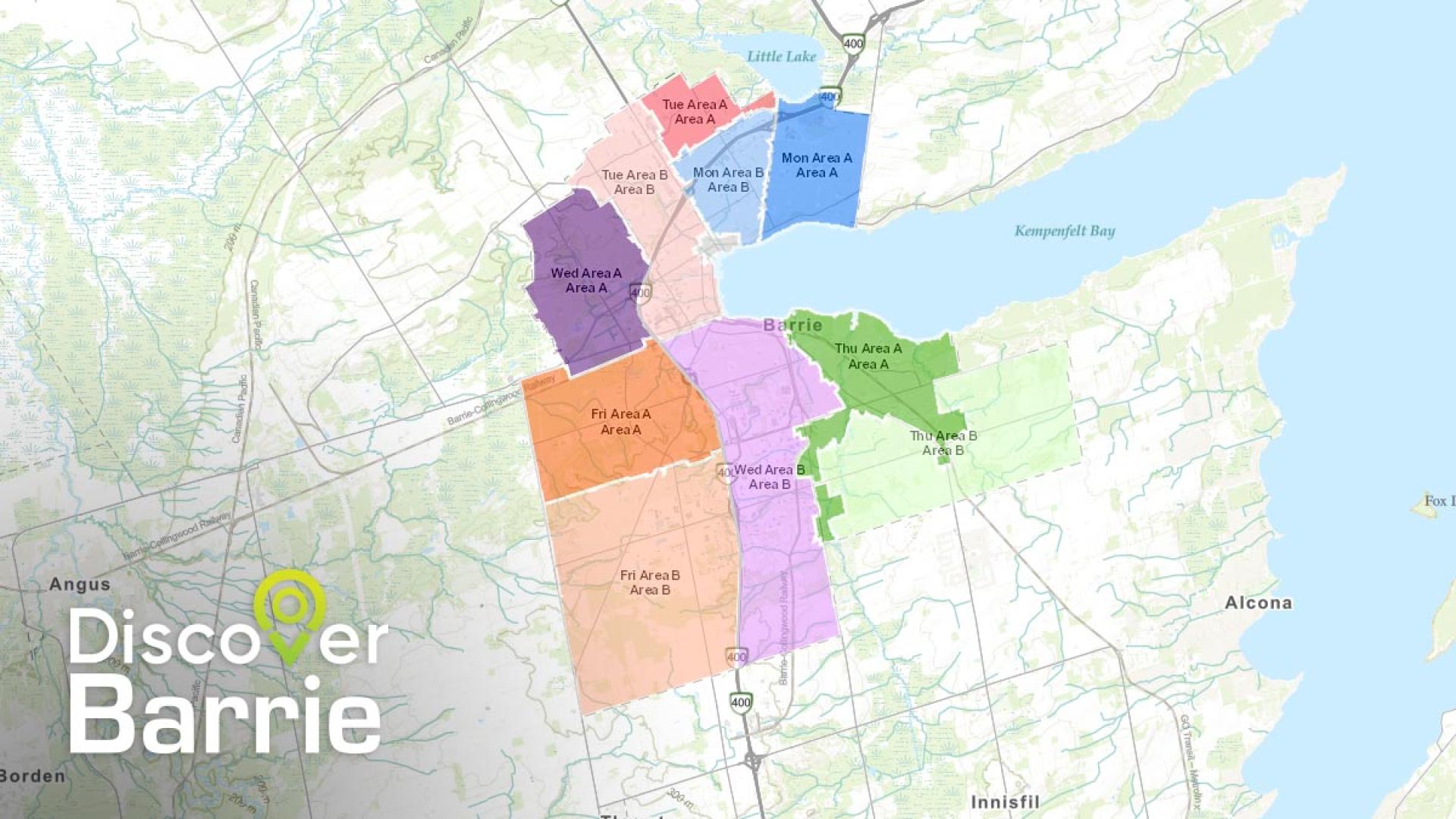 Discover Barrie logo over map of Barrie's curbside collection areas