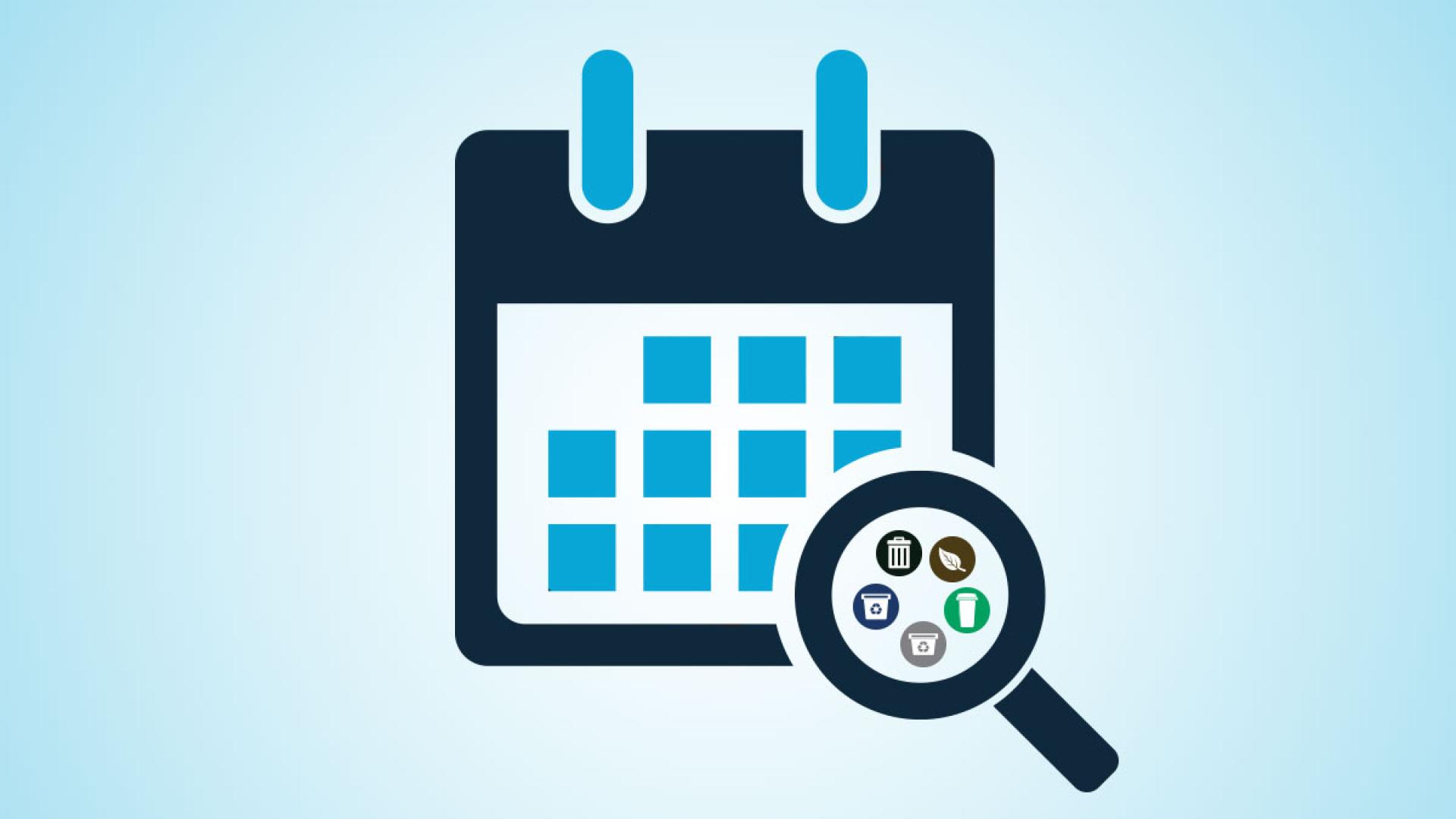 Calendar icon with magnifying glass icon and curbside collection materials icon
