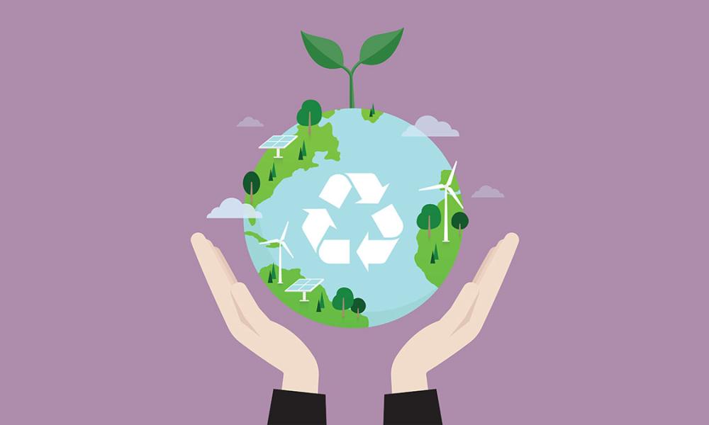 Graphic of hands holding the earth with the recycling icon, solar panels and windmills