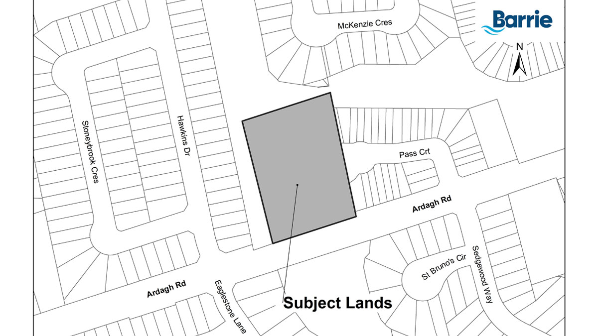 Map layout showing a grey highlighted area labeled "Subject Lands" among streets.