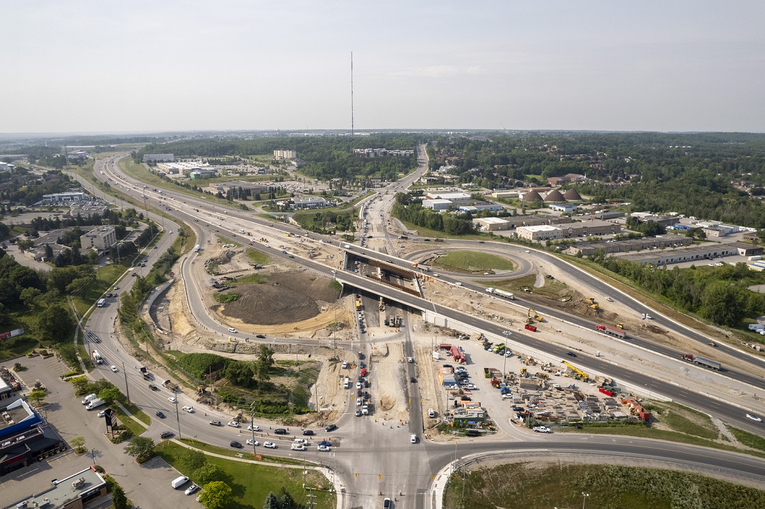 Aerial view of the Essa/Hwy 400 bridge and interchanges under construction