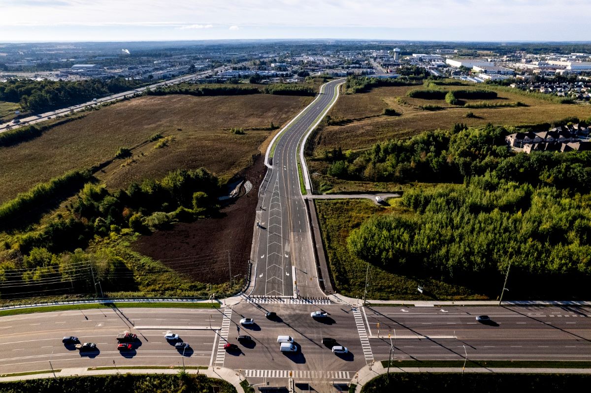 Aerial view of the completed Bryne Drive South extension