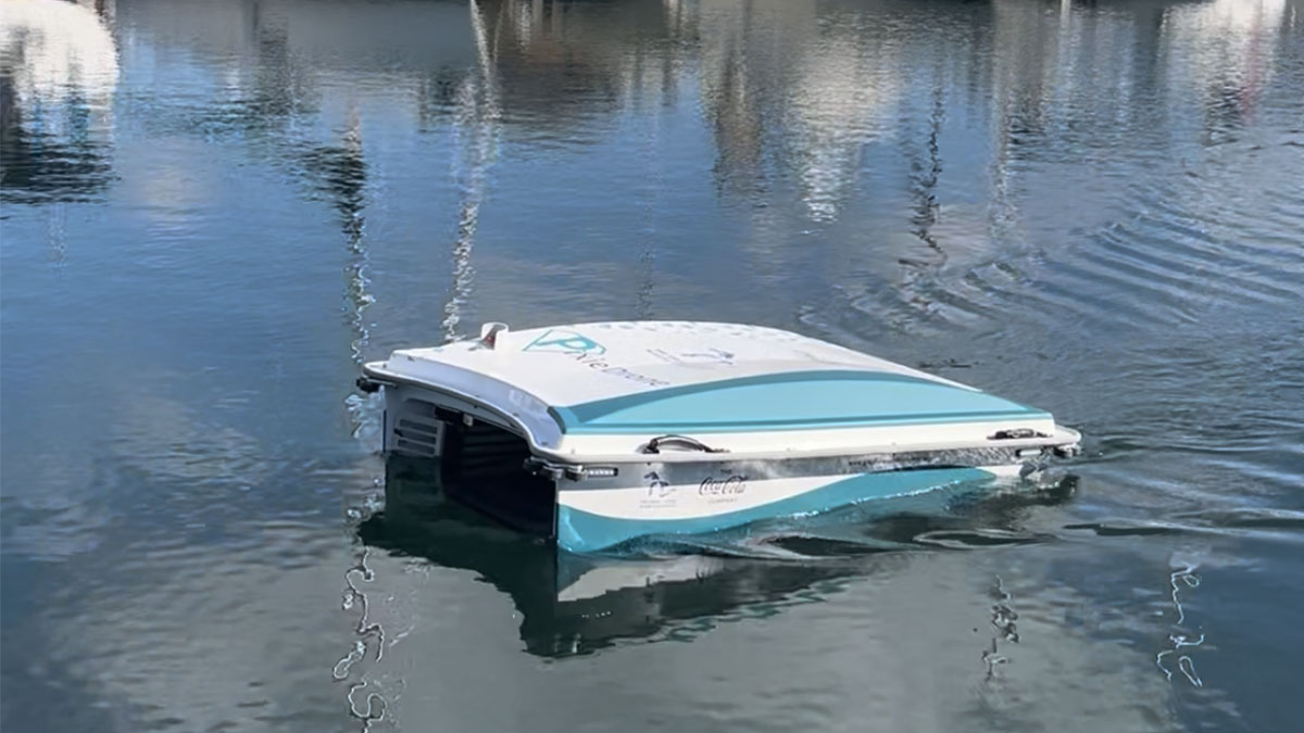 A mobile waste collector called a PixieDrone moving through the water