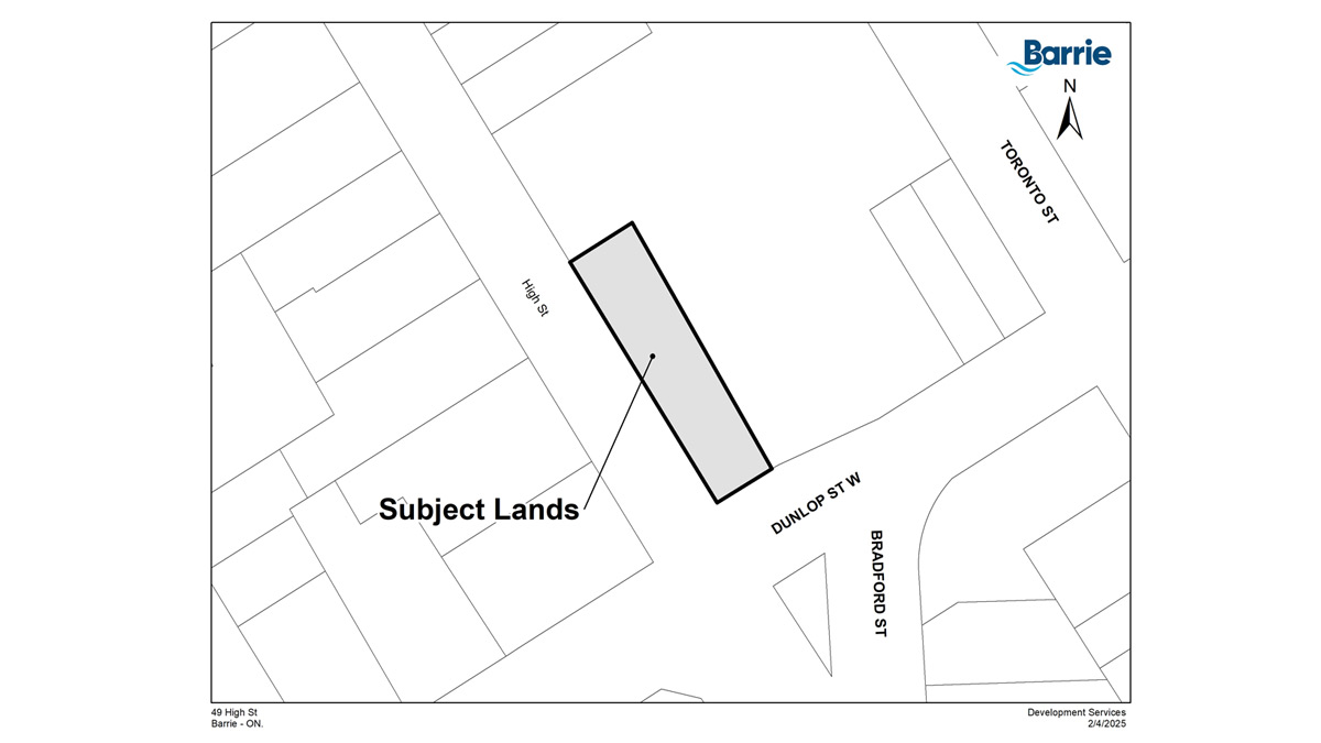 Map outlining the subject lands at 49 High Street, Barrie