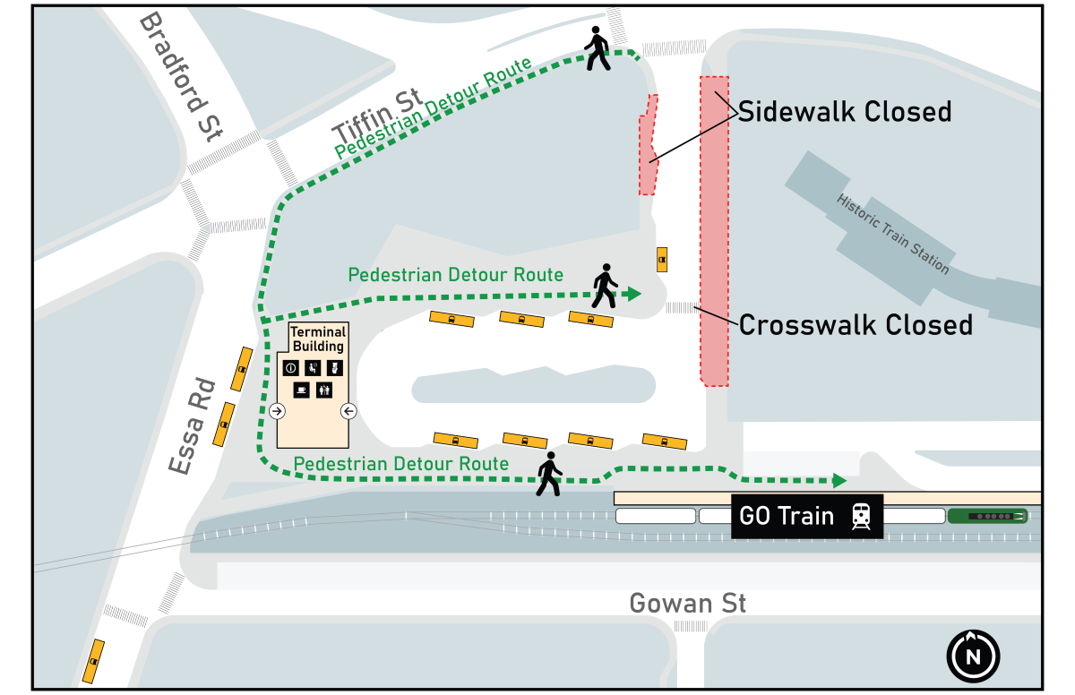 The sidewalks from Tiffin Street and Lakeshore Drive are under construction. Pedestrian access to the terminal is currently available from Essa Road.