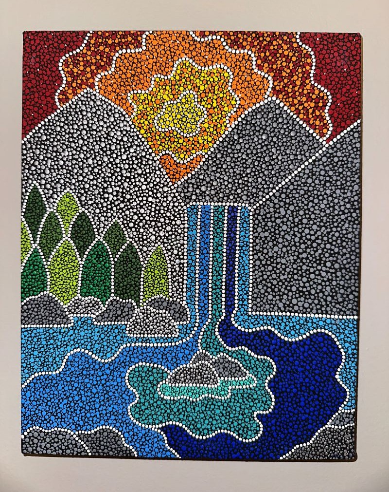 Colourful painting, with many distinct dots, of a nature scene