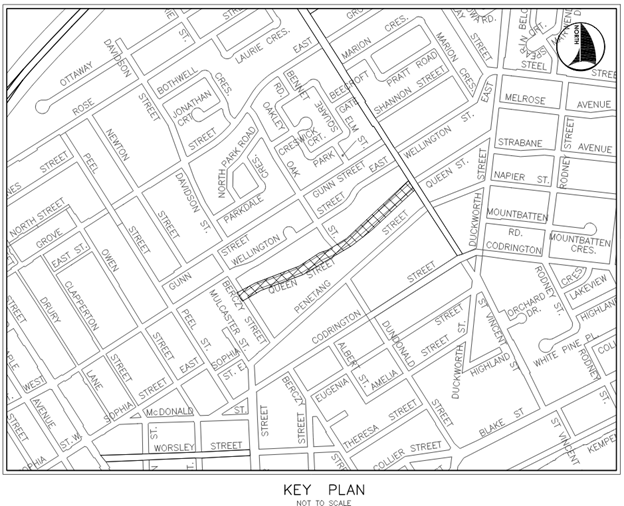 Map of Barrie streets highlighting Queen Street from Berczy Street to St. Vincent Street