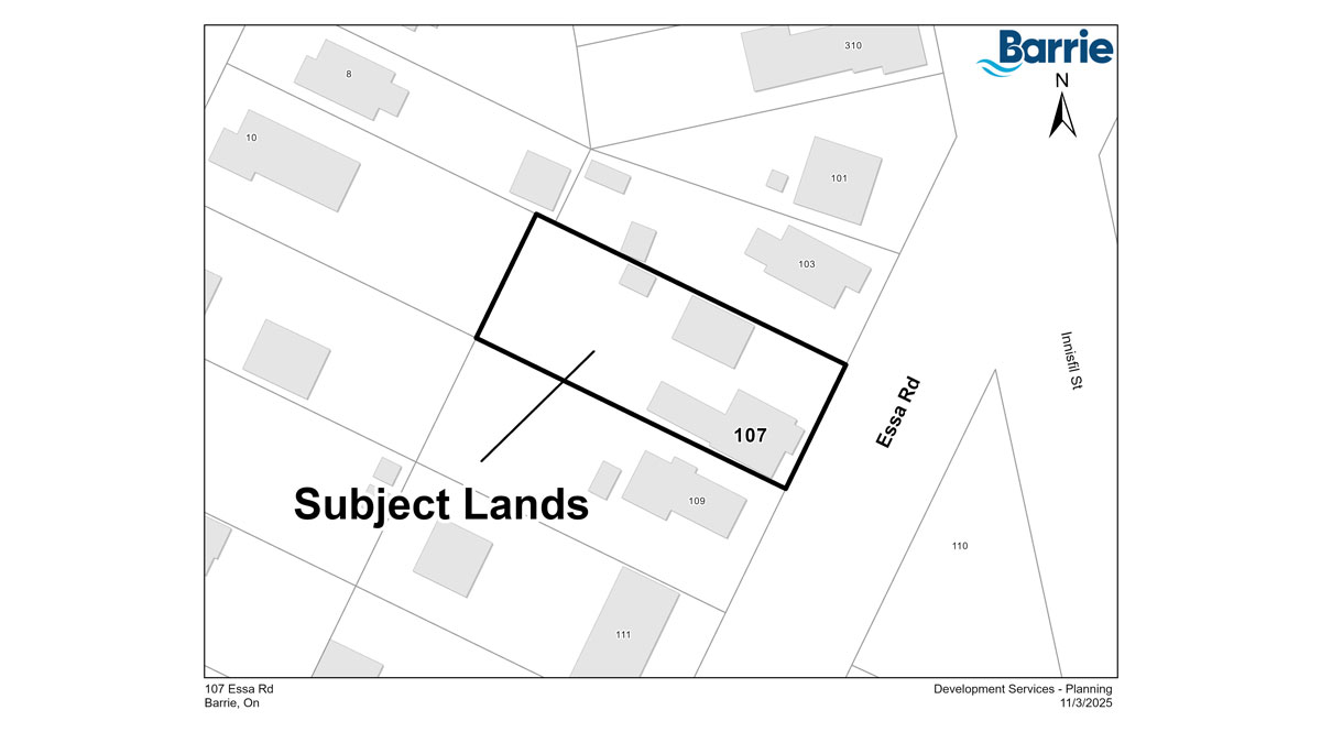 Map outlining the subject lands at 107 Essa Road, Barrie.