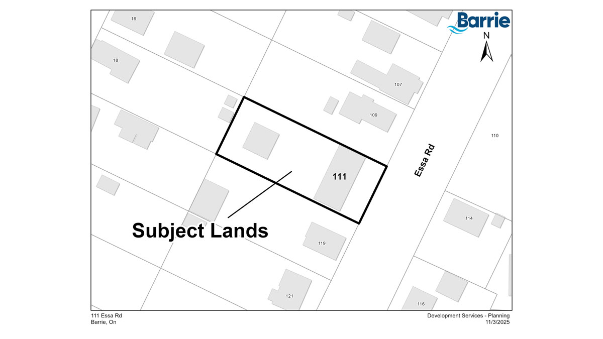 Map outlining the subject lands at 111 Essa Road, Barrie.