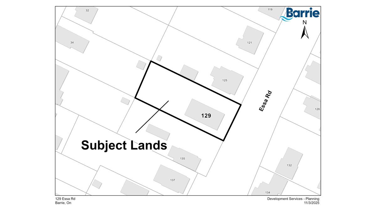 Map outlining the subject lands at 129 Essa Road, Barrie.