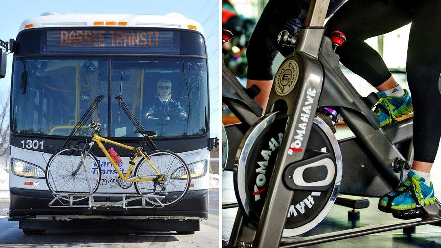 Barrie Transit bus and person riding a stationary bike