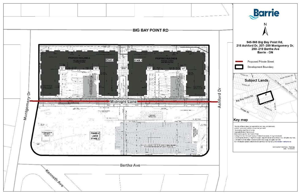A zoning map of a section in Barrie showing Big Bay Point Rd., proposed Pine Drive, Midnight Lane, and Bertha Ave. The map highlights the subject lands and includes a key map for orientation.