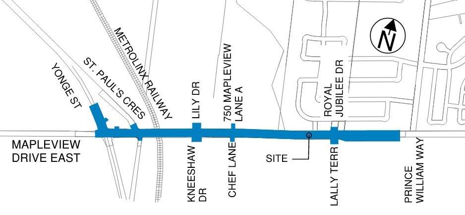 Map highlighting Mapleview Drive East from Yonge Street to Prince William Way.