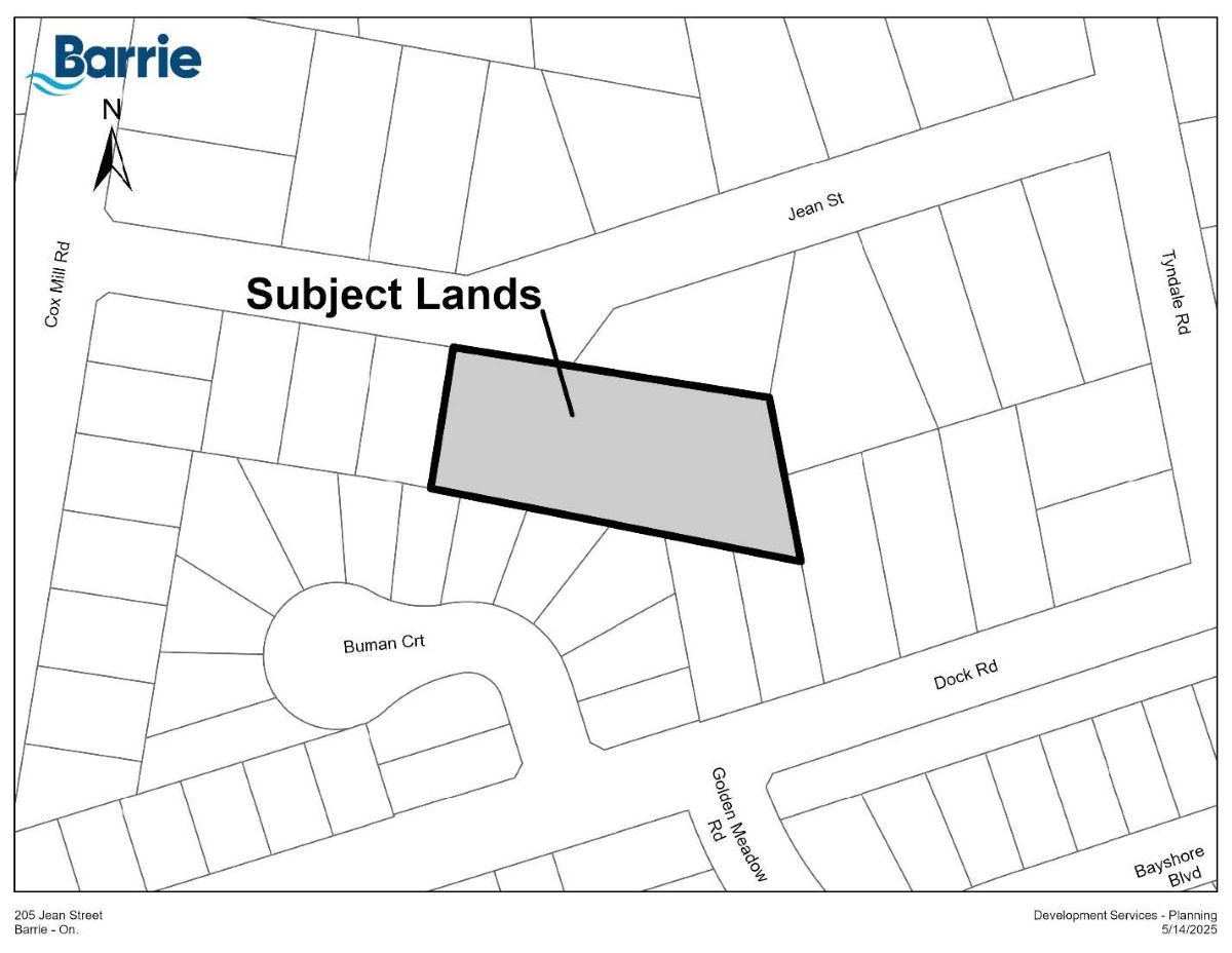 Map highlighting a rectangular plot labeled "Subject Lands."