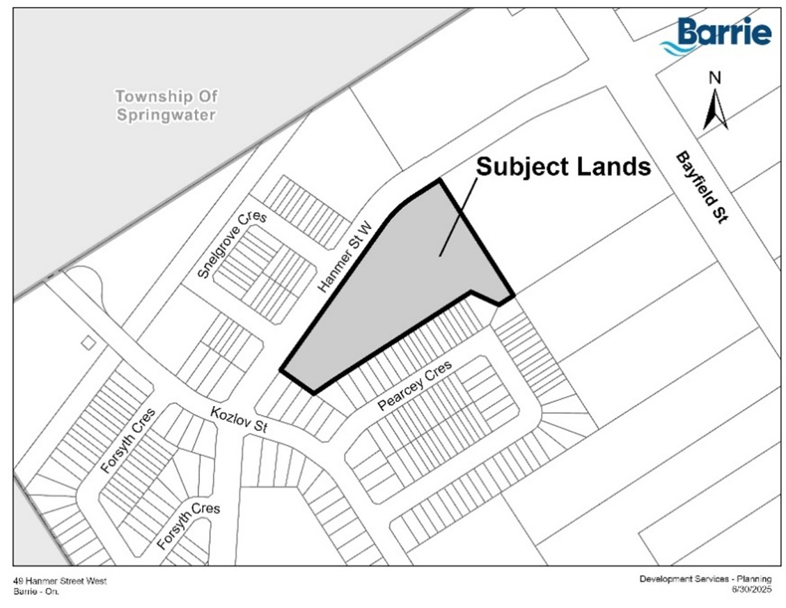 Map outlining the subject lands at 49 Hanmer Street West, Barrie. 
