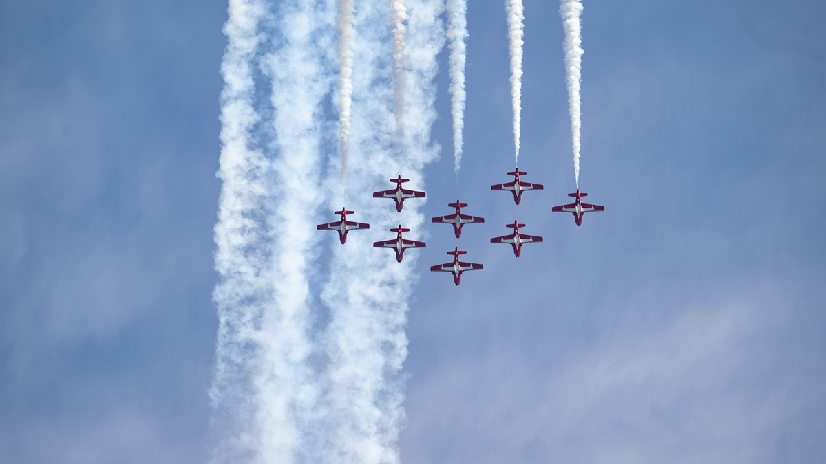 Red jets flying in formation.