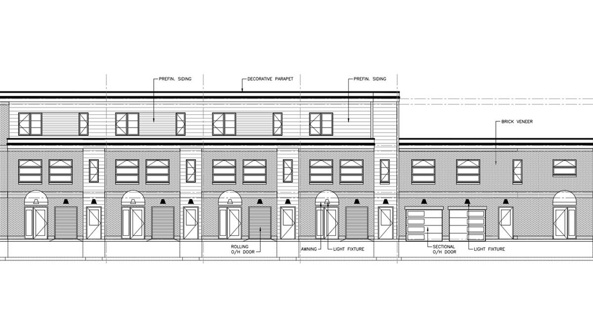 Architectural drawing of a multi-unit building façade.