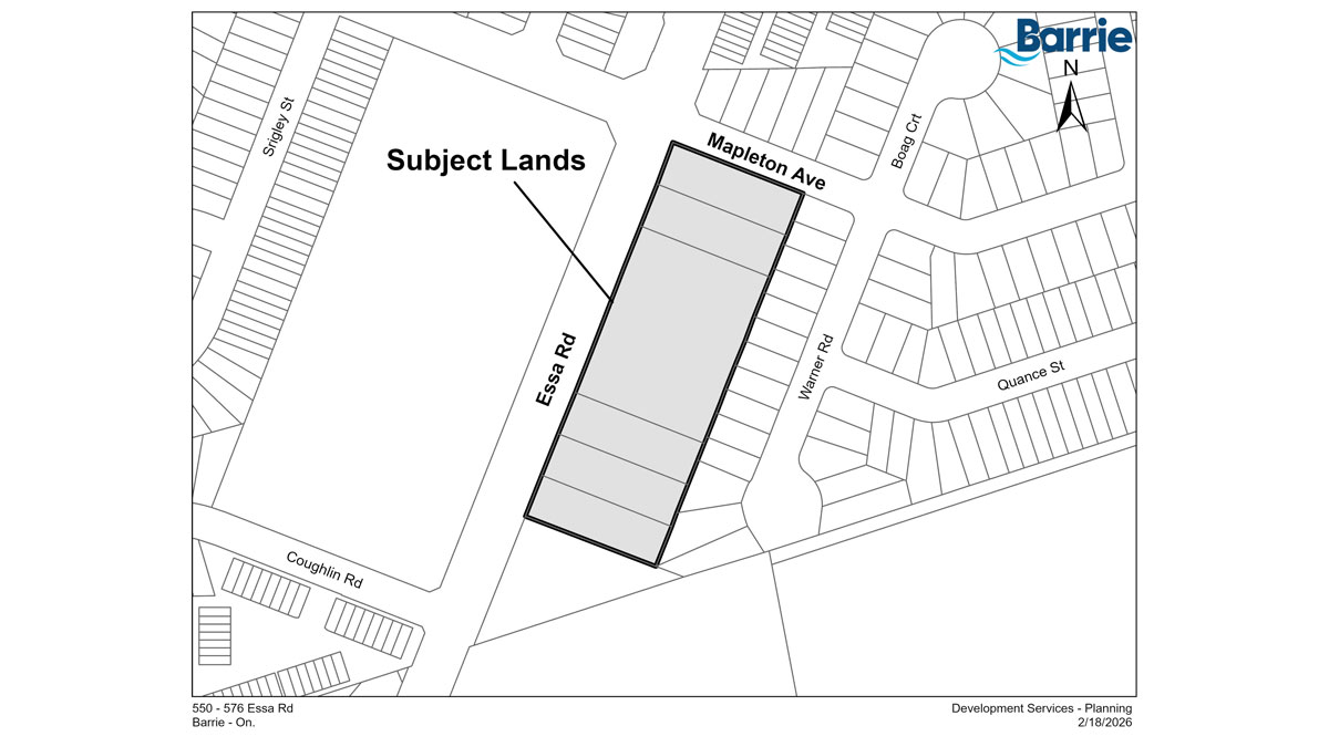 Map highlighting a rectangular plot labeled "Subject Lands" at the southeast corner of Essa Road and Mapleton Avenue.