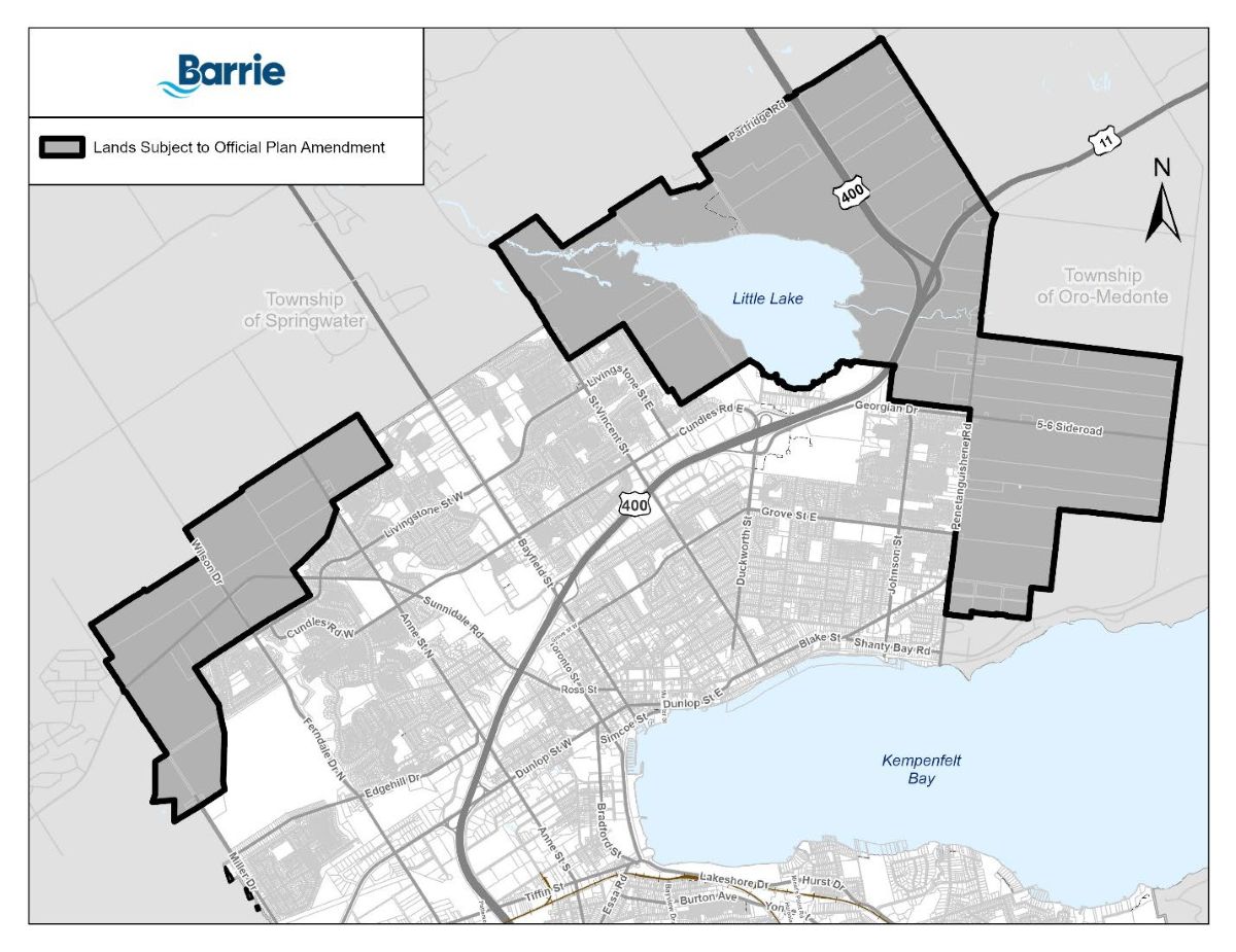 Map showing shaded areas in Barrie.