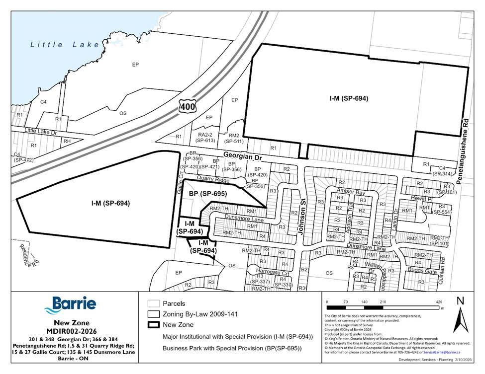 Map with zoning areas and roads in Barrie.