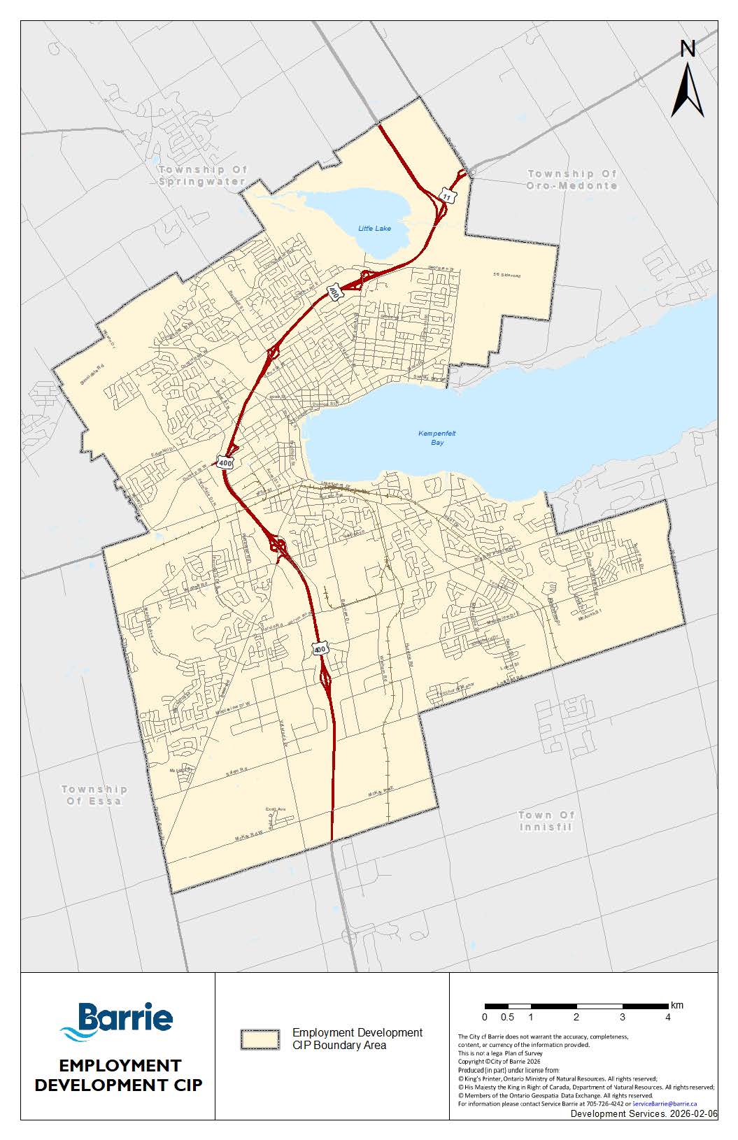 Map of Barrie showing Employment Development CIP boundary area.