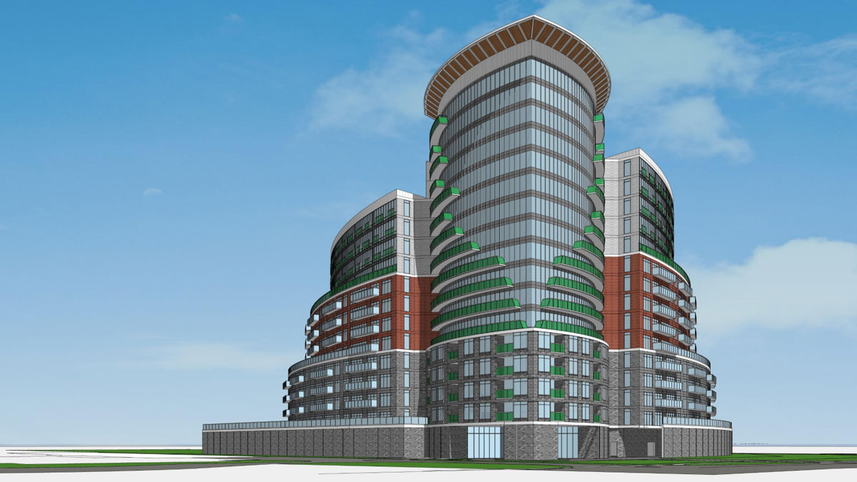 Modern multi-story building with curved glass walls.