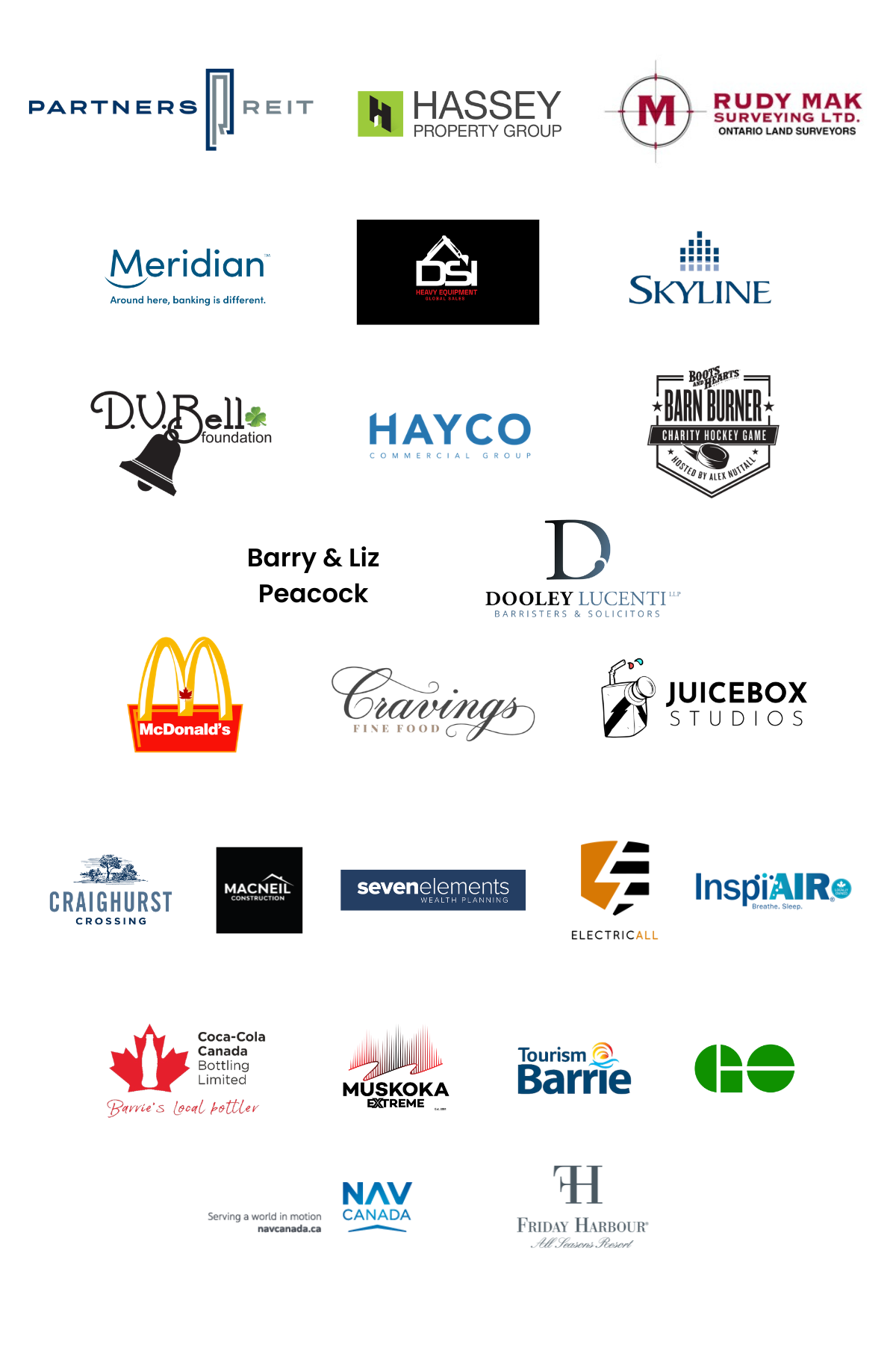 Partners REIT, Hassey Property Group, Rudy Mak Surveying, Meridian, Skyline, DSI Heavy Equipment Global Sales, Barnburner Charity Hockey Game, DV Bell Foundation, Hayco Commercial Group, Barry & Liz Peacock, McDonalds, Dooley Lucenti Barristers & Solicitors, Cravings Fine Food, Juicebox Studios, Craighurst Crossing, Macneil Construction, Seven Elements Wealth Planning, Electricall, Inspiair, Coca-Cola Canada Bottling Limited, Muskoka Extreme, Tourism Barrie, GO Transit, Nav Canada, Friday Harbour.