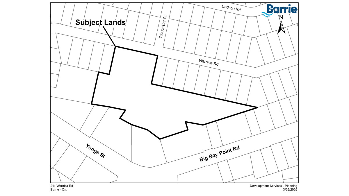 Map outlining the subject lands on Warnica Road.