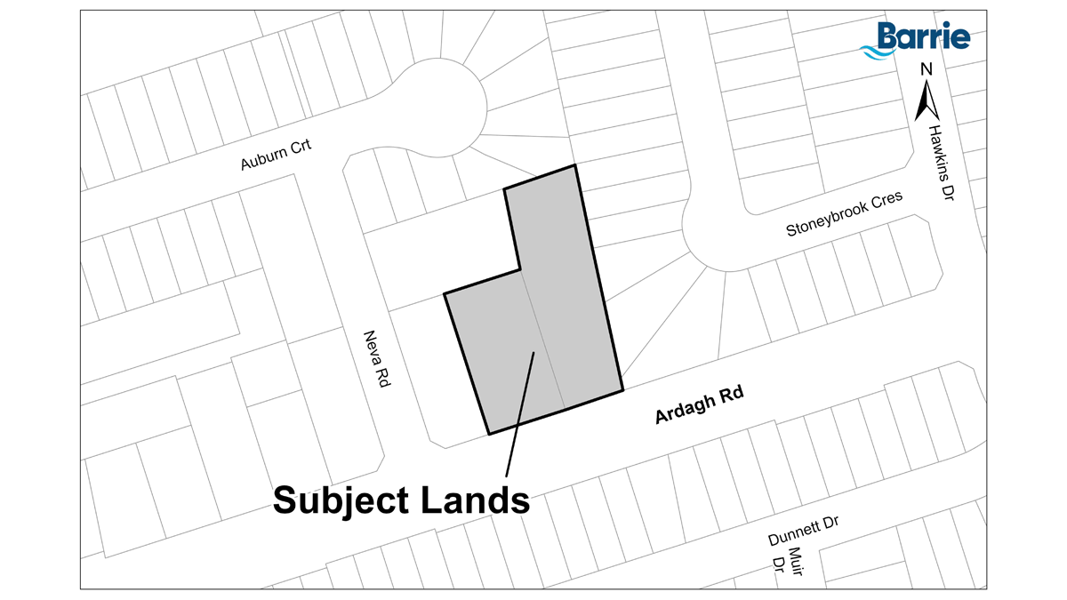 Map showing a highlighted land area with surrounding streets in Barrie.