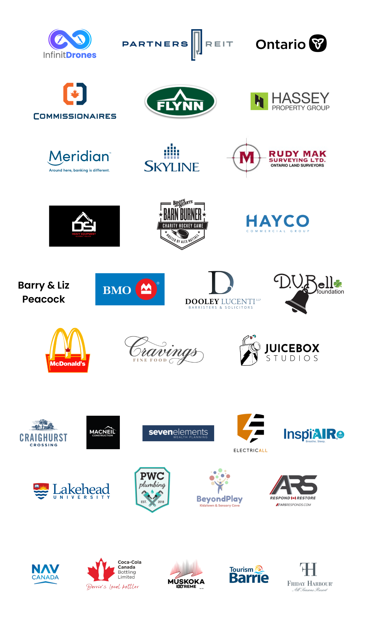 Infinit Drones, Partners REIT, Commissionaires, Ontario Government, Flynn, Hassey, Meridian, DSI, Rudy Mak Surveying, Skyline, Hayco, Barnburner Charity Hockey Game, BMO, Dooley Lucenti LLP, DV Bell Foundation, Barry & Liz Peacock, McDonalds, Cravings Fine Food, Juicebox Studios, Craighurst Crossing, Macneil Construction, Seven Elements, Electricall, Inspiair, Lakehead University, PWC Plumbing, BeyondPlay, ARS Responds, Nav Canada, Coca-Cola Canada Bottling Limited, Muskoka Extreme, Tourism Barrie, Friday H
