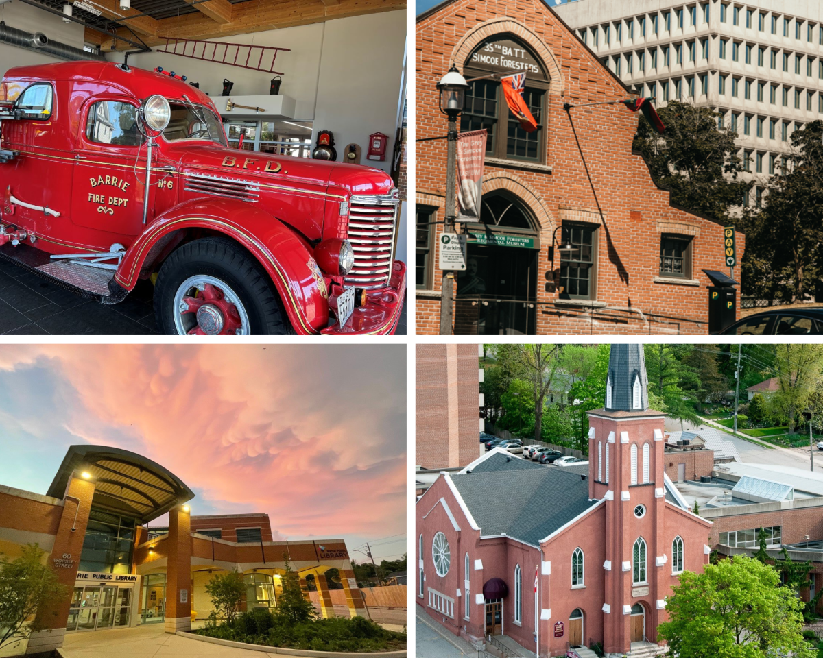 Four images: a vintage red fire truck, a brick building, the Barrie Public Library and a church.