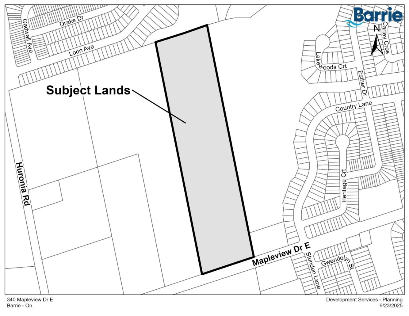 Map showing delineated subject lands in Barrie with surrounding streets and neighborhoods.