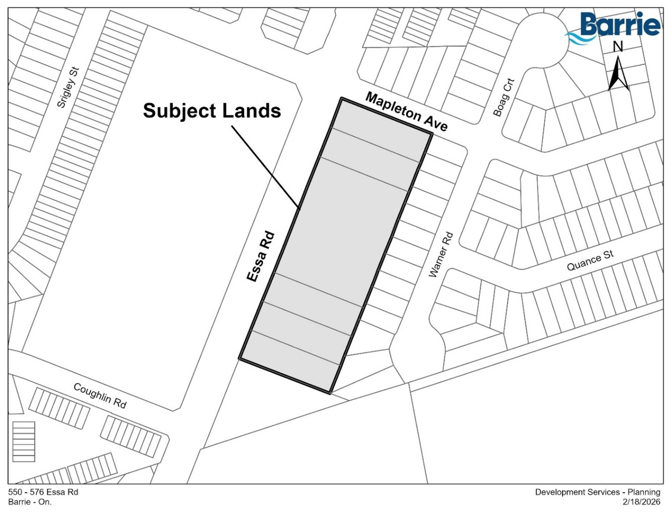 Map showing outlined land area labeled "Subject Lands" with surrounding streets and structures.
