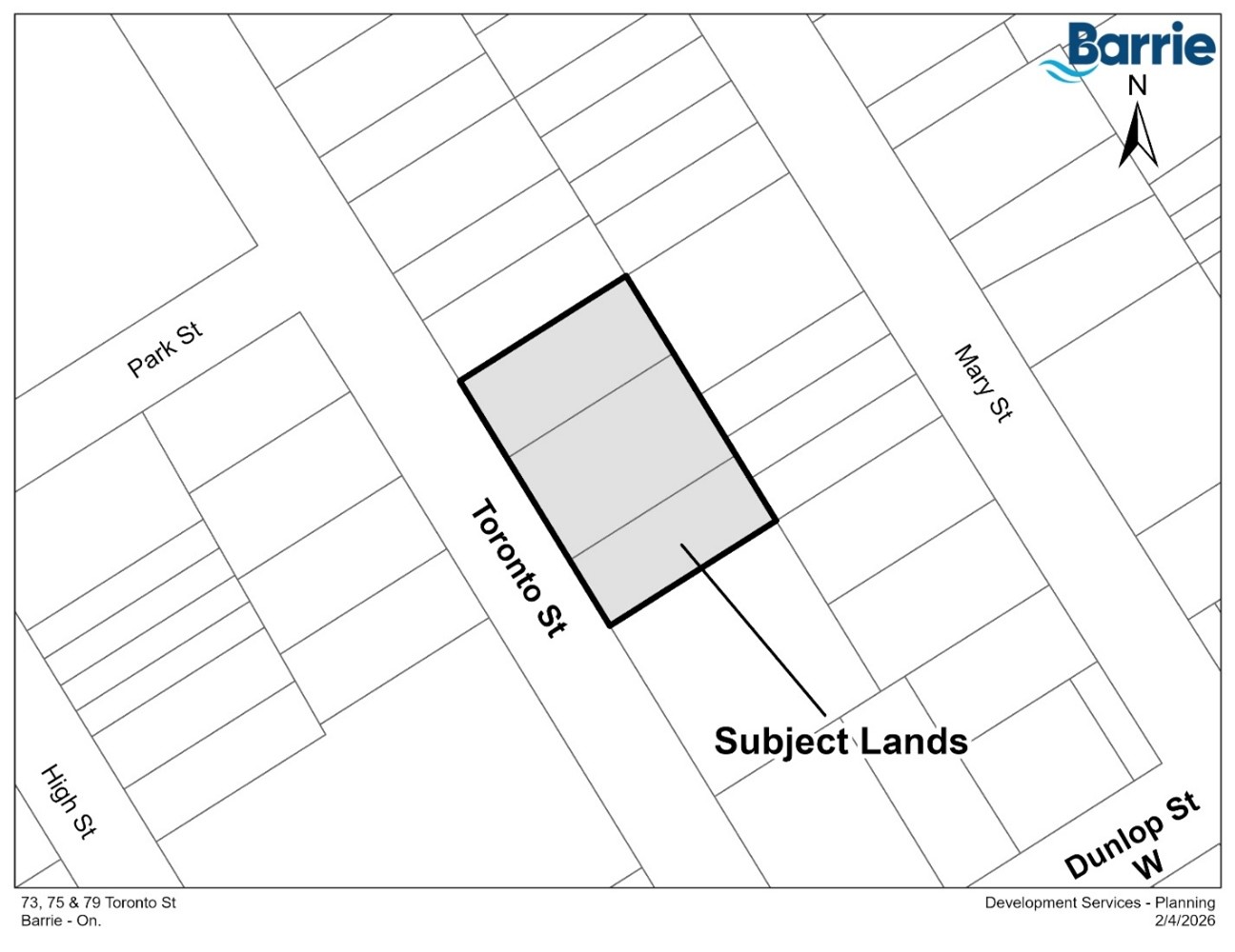 Map showing an outlined area labeled "Subject Lands" on Toronto Street in Barrie.