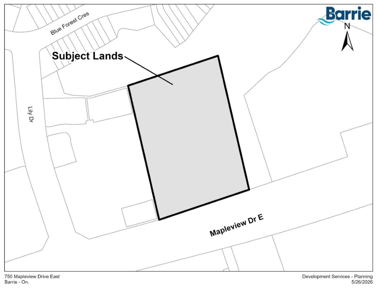 Map showing a shaded area on Mapleview Dr E labeled "Subject Lands".
