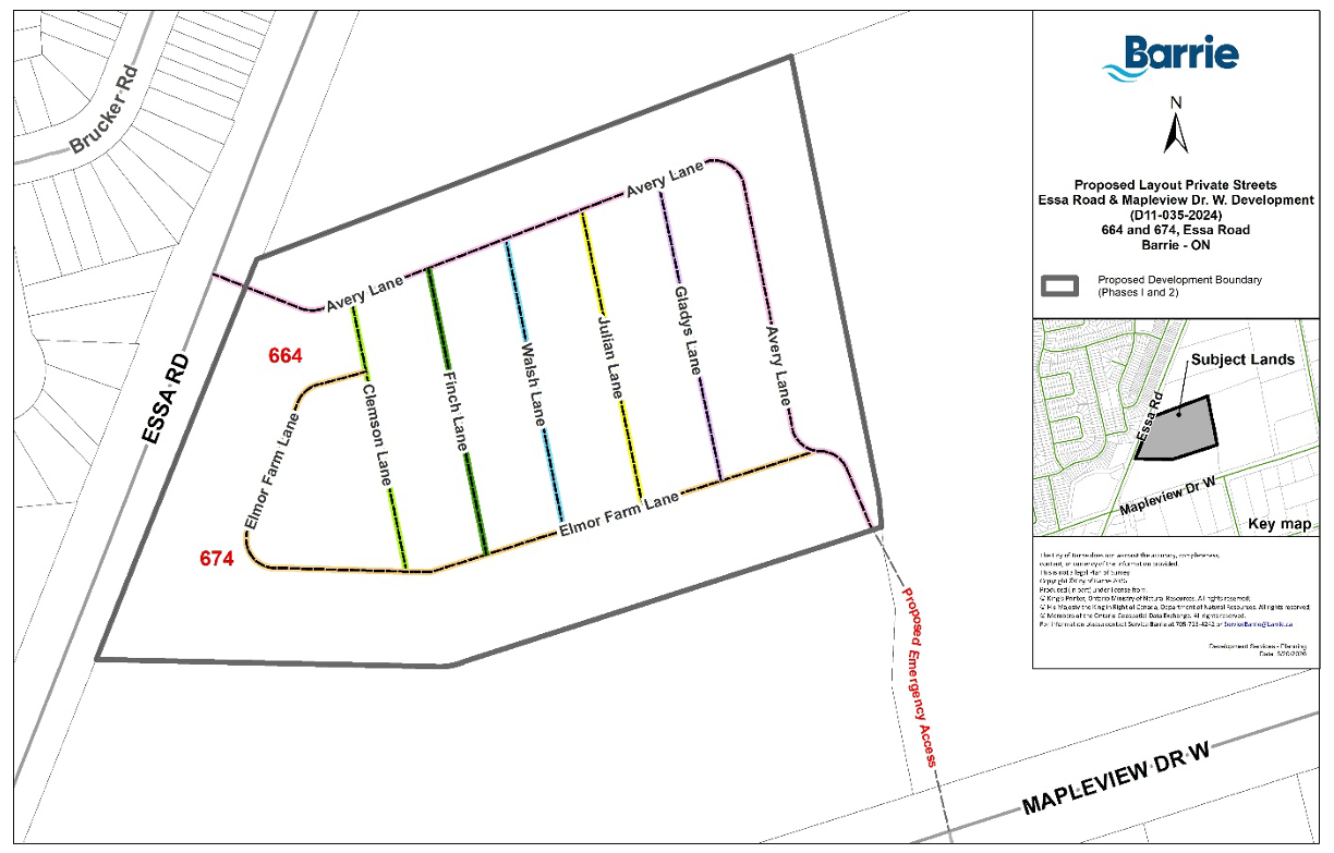 Map showing a proposed layout of a development site with labeled sections and surrounding streets.