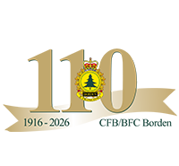 Celebratory logo for CFB/BFC Borden's 110th anniversary, featuring gold text and a crest. Visit the CFB Borden webpage on canada.ca.