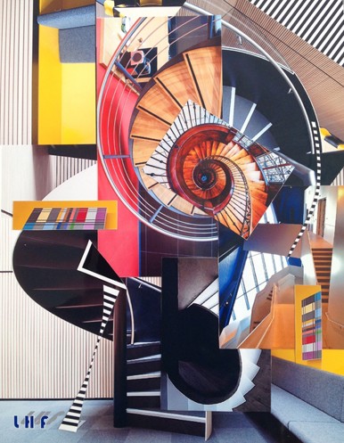 Abstract collage featuring a spiral staircase with vibrant colours and geometric shapes.