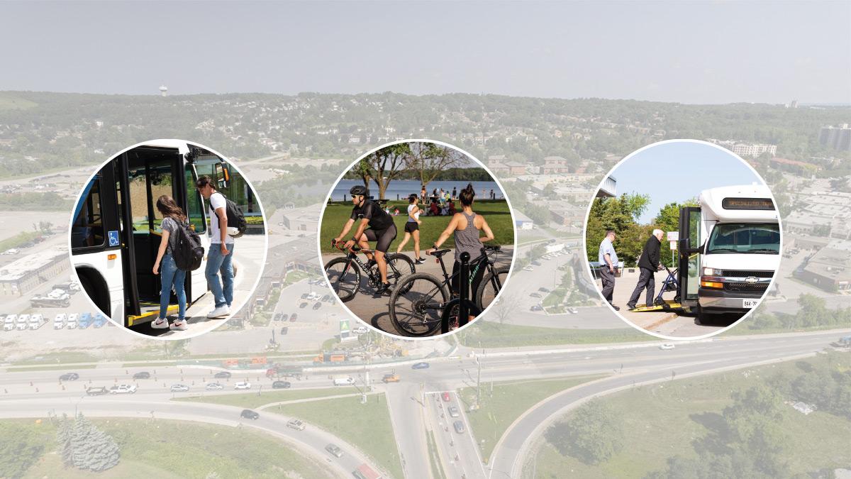Three circular images depict transportation scenes: boarding a bus, cycling in a park, and a bus stop.