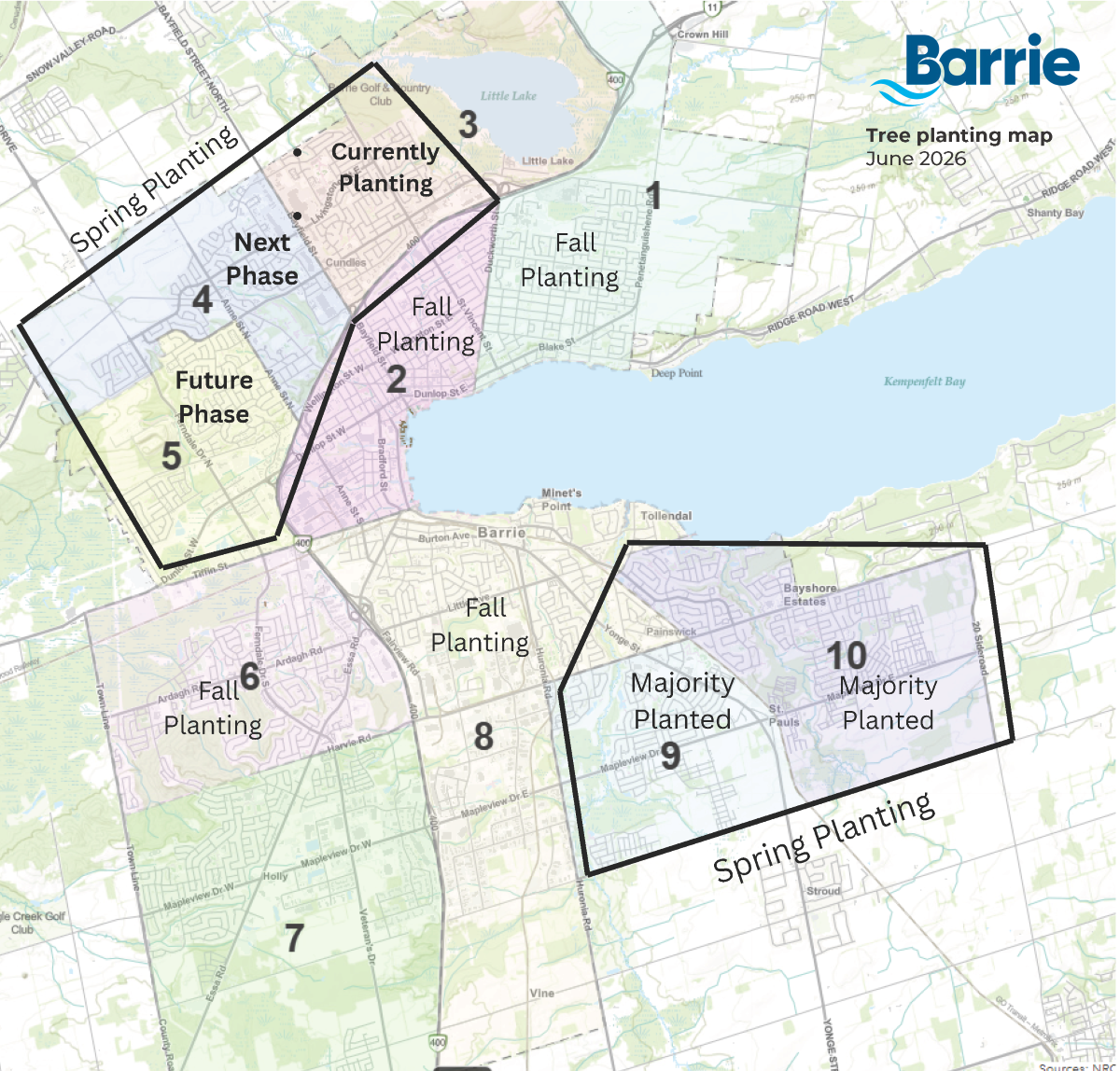 Map of Barrie showing various planning phases and regions, including labels for each area. Click to open map PDF.