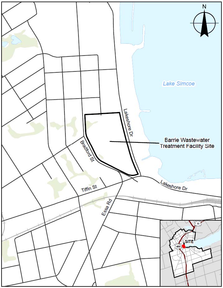 Map showing the location of a wastewater treatment facility near Lake Simcoe.