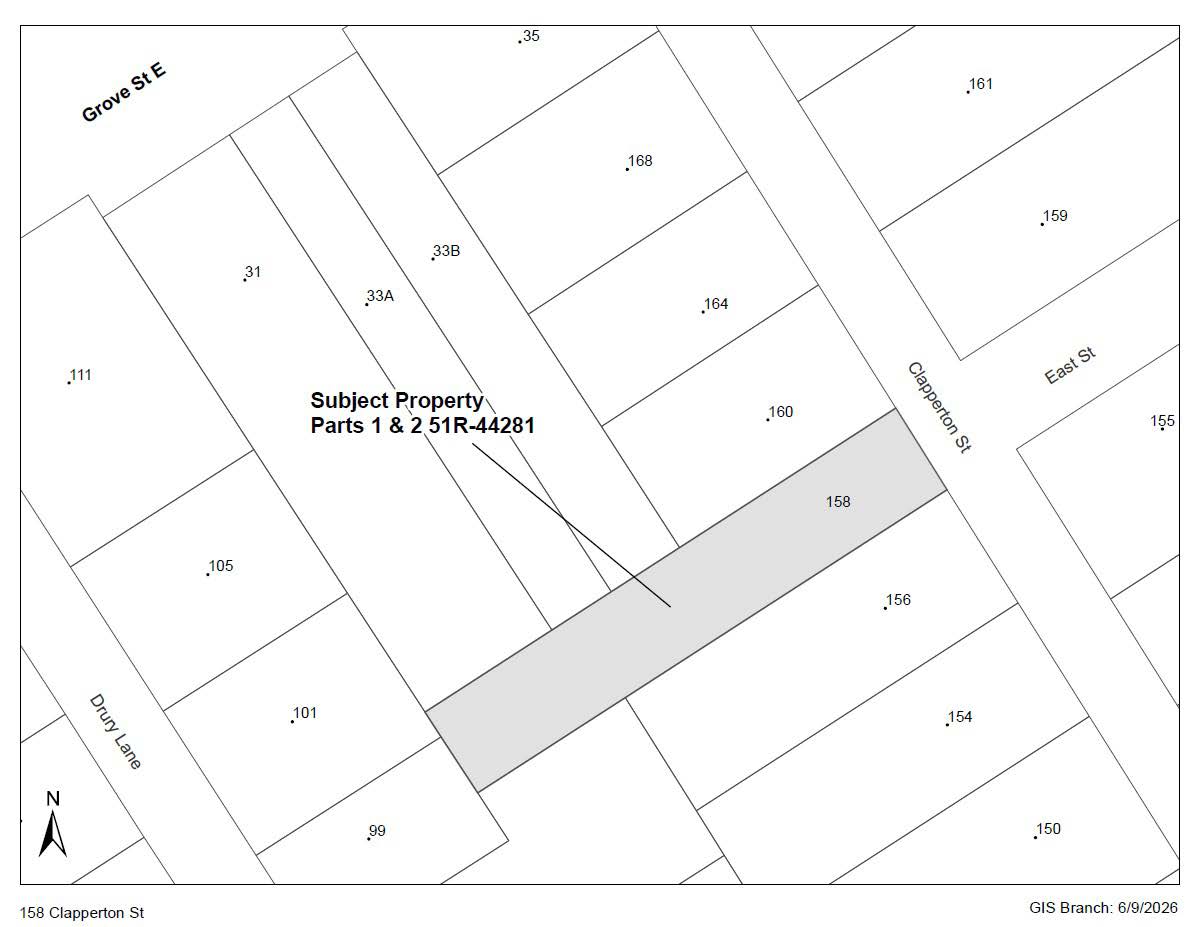 Map highlighting #158 on Clapperton Street.