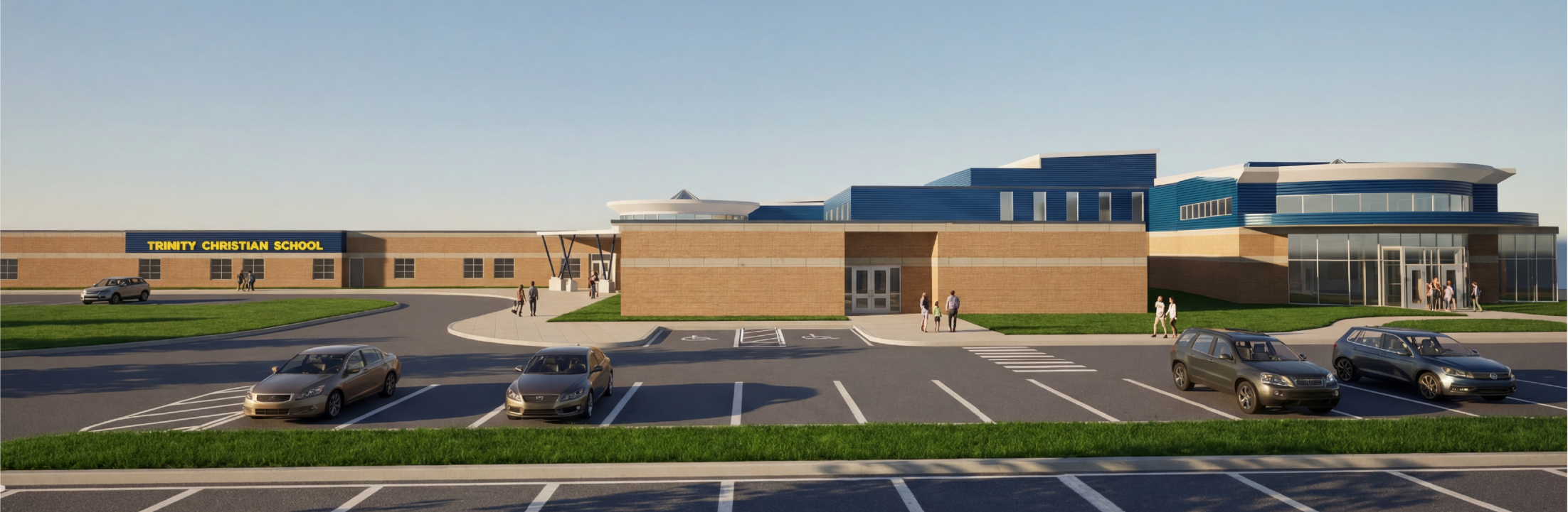 Rendering of a modern school building with brick facade and a large parking lot, under clear blue sky.