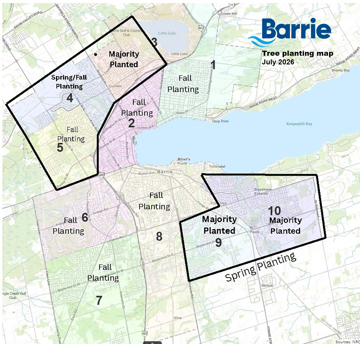 Map of Barrie showing various planning phases and regions, including labels for each area. Click to open map PDF.