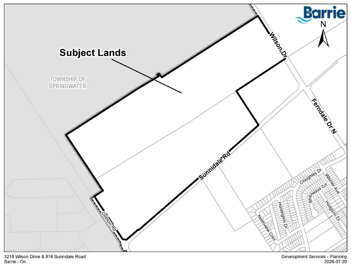 Map showing outlined subject lands with street names: Sunnidale Rd, Wilson Dr and Dobson Rd.