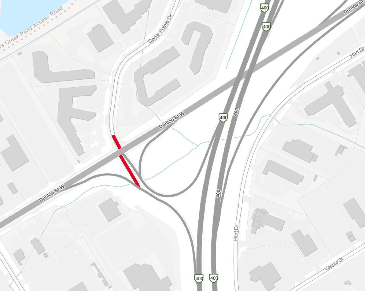 Map showing a highway interchange with outlined areas and roads.