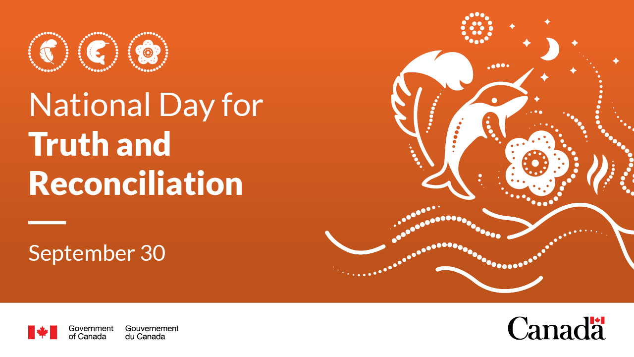 Orange banner featuring a feather, a narwhal and a flower with "National Day for Truth and Reconciliation."