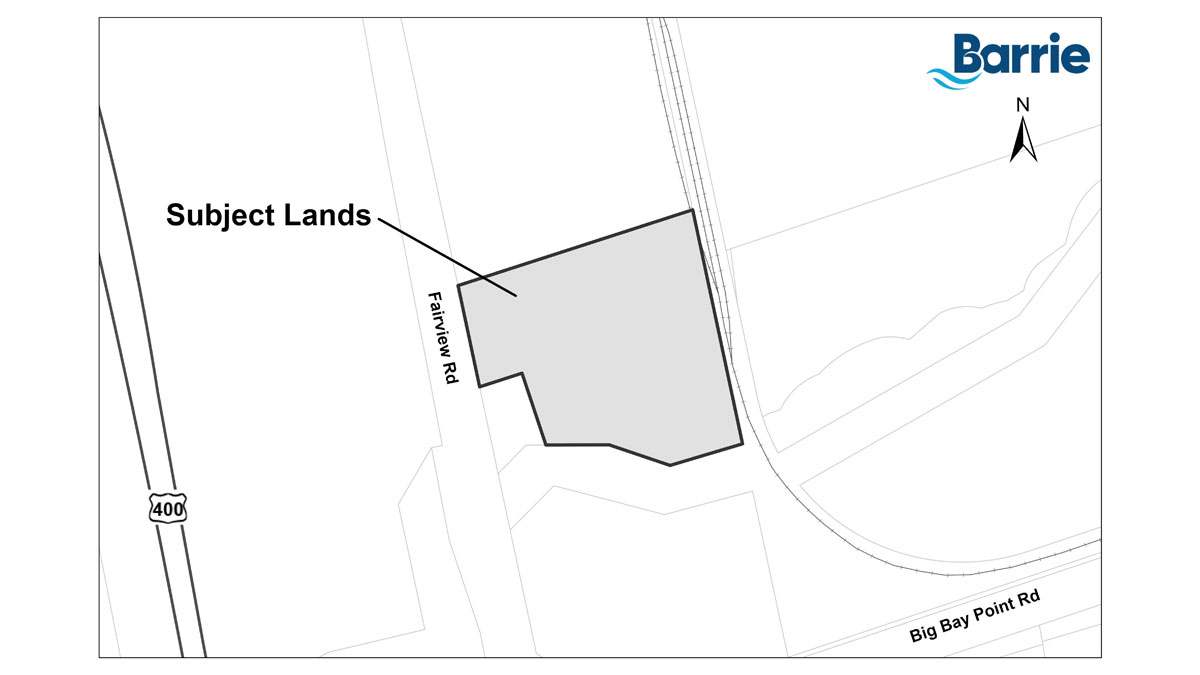 Map highlighting the subject lands in Barrie, on Fairview Road near Big Bay Point Road.