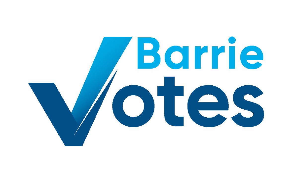 Logo featuring "Barrie Votes" in blue and turquoise text with a checkmark design.